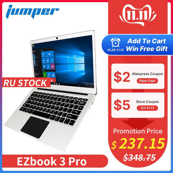 New Version! Jumper EZbook 3 Pro laptop 13.3" IPS Screen Apollo Lake J3455 6GB 64GB notebook 2.4G/5G WiFi with M.2 SATA SSD Slot