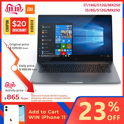Original Xiaomi Notebook Pro 15.6'' Intel Core i5 8GB i7 16GB Laptop MX250 2GB GDDR5 Fingerprint Recognition 256G/512G Computer